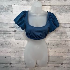 Free People Bathing Suit Top Puff Sleeves Cut Out Back Size S